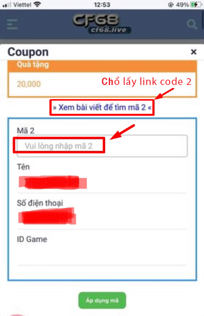 CHƯƠNG TRÌNH ĐÀO CODE HÀNG NGÀY TẠI CF68 & QUY ĐỊNH NHẬN CODE Chổ tìm code 2 và nhập code 2