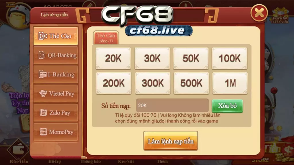 CF68club có Baccarat không? Hướng dẫn chơi chi tiết nhất Giao diện nạp tiền cf68club