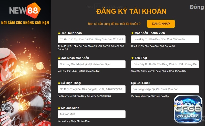 Form đăng ký tài khoản New88