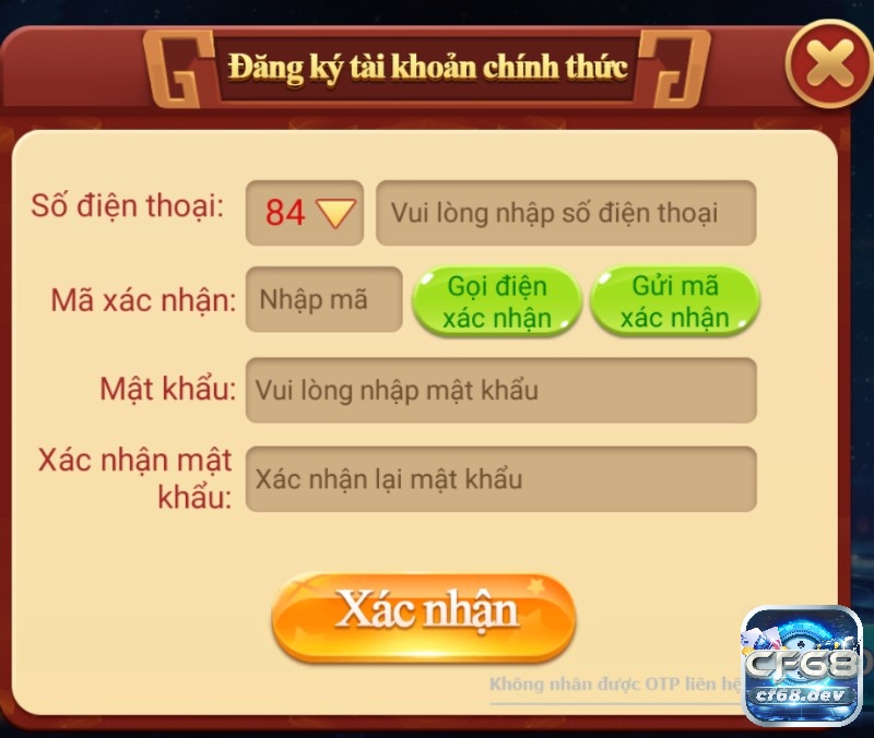 Chọn phương thức đăng ký cf68 bằng số điện thoại