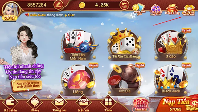 Điểm danh và nhiệm vụ hàng ngày CF68 Đăng nhập vào App CF68 và chọn Quyền lợi thành viên